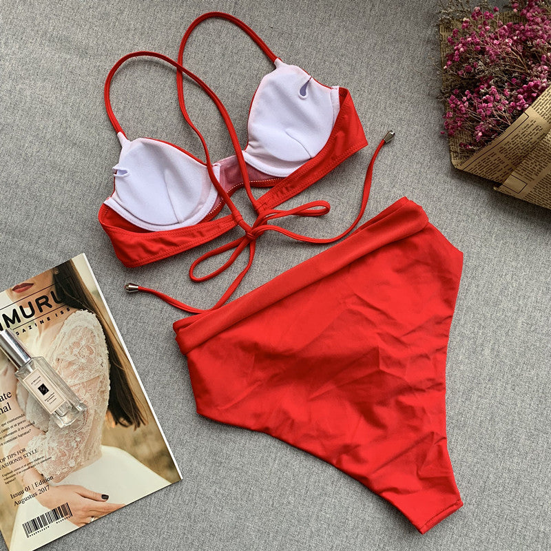 Damen Badeanzug mit hoher Taille – Leoparden- und Streifenmuster