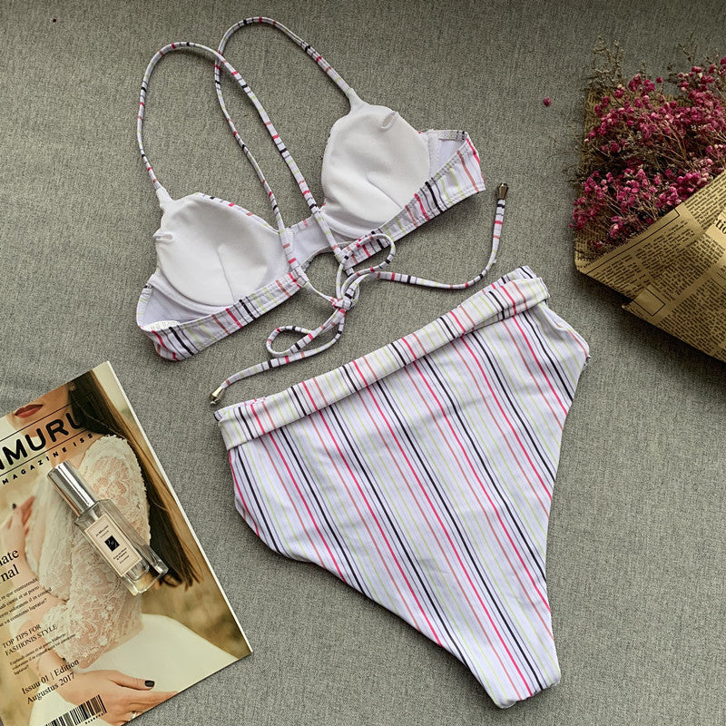 Damen Badeanzug mit hoher Taille – Leoparden- und Streifenmuster