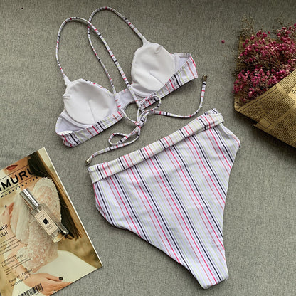 Damen Badeanzug mit hoher Taille – Leoparden- und Streifenmuster